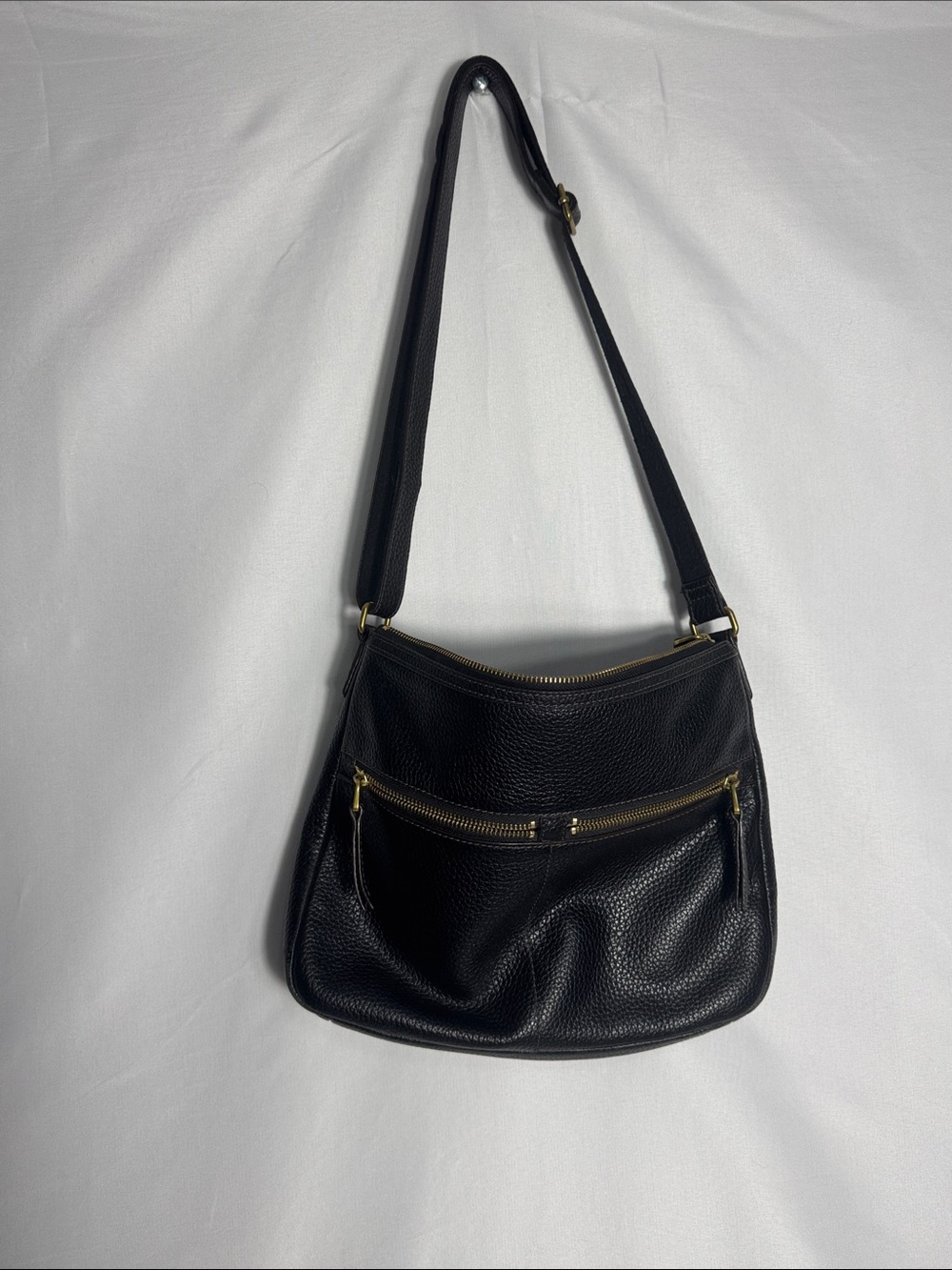 Fossil Elise Double-Zip Crossbody Shoulder Bag Black Pebbled Leather
